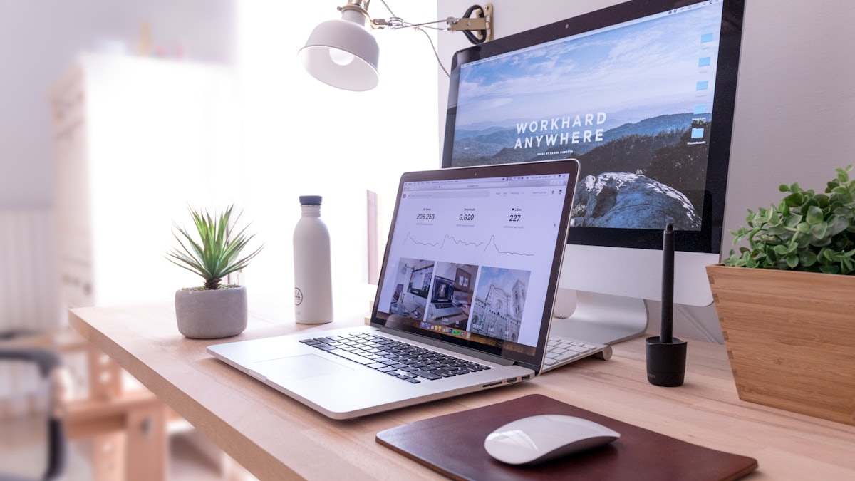 A bright desk with a monitor, laptop and plants